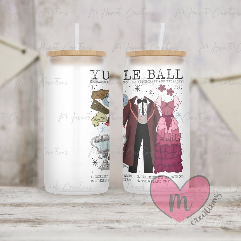 May include: White tumbler with a graphic of a Yule Ball outfit from the Harry Potter series. The graphic includes a man in a burgundy suit and a woman in a pink dress. The text "Yule Ball" and "Hogwarts School of Witchcraft and Wizardry" are included in the graphic.