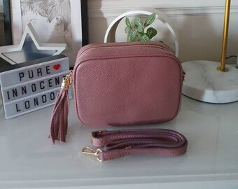 Dusty Rose Pink Tassel Leather Camera Bag Crossbody Bag Handbag Crossbody Strap made in Italy