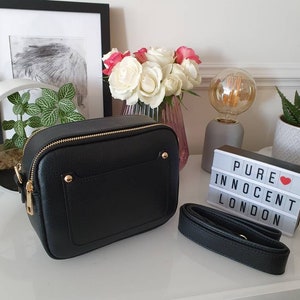 Black Double Zip Pouch Leather Camera Bag Crossbody Bag Handbag Crossbody Strap made in Italy
