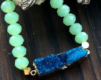 Lime Green Beaded Bracelet, Handmade Druzy Bracelet, Gemstone Beaded Bracelet, Beaded Bracelet for Woman, Stretch Bracelet, Boho Bracelet,