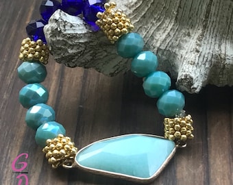 Teal Bracelet, Handmade Druzy Bracelet, Gemstone Beaded Bracelet, Beaded Bracelet for Woman, Stretch Bracelet, Boho Bracelet,
