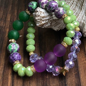 Stackable Bracelet, Green Bracelets, Purple Bracelets, Rainforest Bracelets, , Gift for Women, Gift for Girlfriend, Bead bracelet