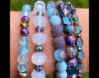Blue and White Rainbow Accent Stretch Bracelet Stack for Women, Stackable Bracelet Set, Gift Set for Women, Bracelet Stack, Lava Beads
