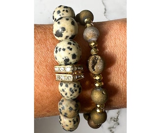 Dalmatian Jasper and Agate Stretch Bracelet Set, Rhinestone Bracelet, Cheetah Bracelet, Gemstone Bracelet Stack, Gold Brown Bracelet Set
