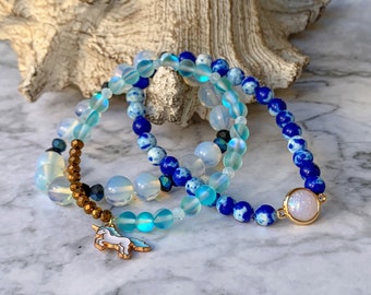 Unicorn Charm Stackable Stretch Bracelet, Mermaid Moonstone Bead Bracelet