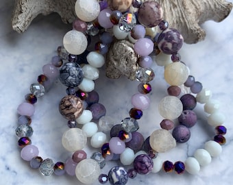 Purple and White Bracelet Stack, Women's Stackable Stretch Bracelet Set, 4 Women's Stretch Bracelets
