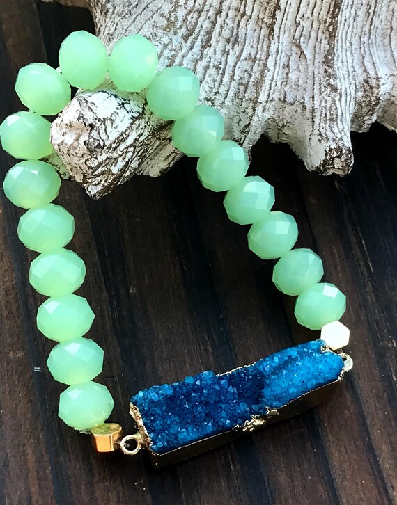 Lime Green Beaded Bracelet, Handmade Druzy Bracelet, Gemstone