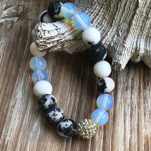 Jasper and Opal Beaded Bracelet, Opal Beaded Bracelet, Jasper Beaded Bracelet, Black and White Bracelet, Stretch Bracelet, Women&#39;s Bracelet