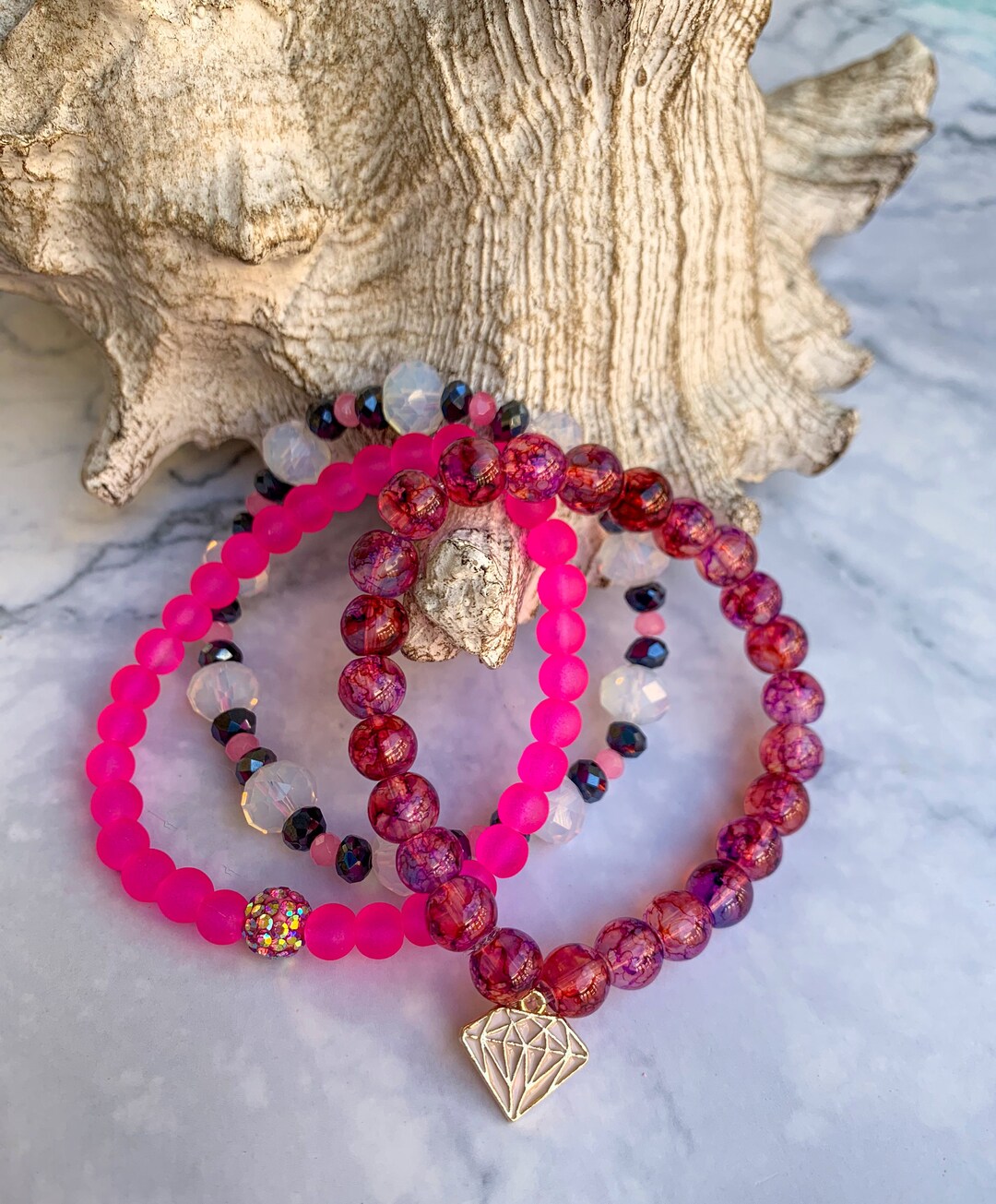 Hot Pink Diamond Charm Stretch Bracelet Stack, Rhinestone Bracelet