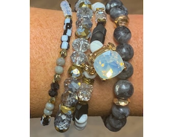 Black and White Women's Gemstone Bracelet Stack, Stretch Bracelet Stack, Bracelet Gift Set for Women
