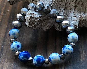 Blue and Silver Women's Beaded Bracelet, Stackable Stretch Bracelet for Women