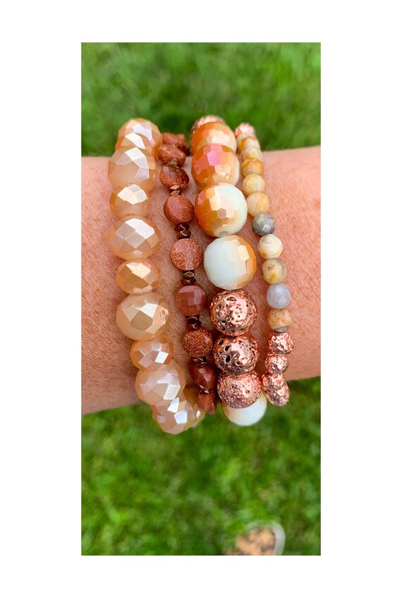 Rose Gold Brown Sandstone Lava Perle Gemstone Bracelet Stack 4 Stretch Stackable Bracelets Bracelet Femme Stack Gift Set Etsy France