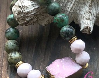 African Turquoise Druzy Bracelet, Women's Gemstone Bracelet, Beaded Bracelet for Woman, Stretch Bracelet