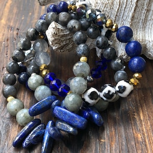 Dark Blue Labradorite Tibetan Gemstone Beaded Bracelet Stack Bracelet Stack, Option of Gold or Silver Set