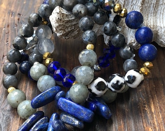 Dark Blue Labradorite Tibetan Gemstone Beaded Bracelet Stack Bracelet Stack, Option of Gold or Silver Set
