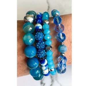 Blue and Silver Stretch Bracelet Stack, Beaded Stretch Bracelet Stack, Gemstone Bracelets, Women’s Bracelet Set