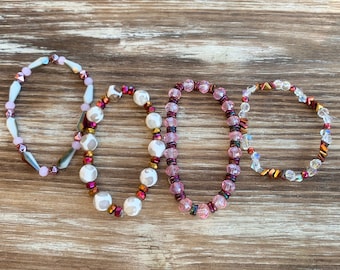 Pink, White and Rose Gold Beaded Bracelet Stack for Women, Stackable Stretch Bracelets for Women, Set of Four Women's Stackable Bracelets