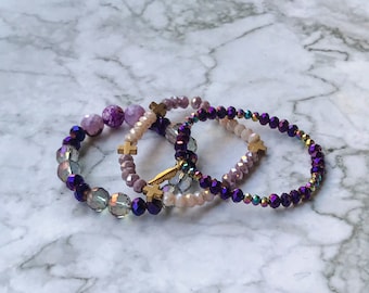 Purple Gemstone and Crystal Beaded Bracelet Stack for Women