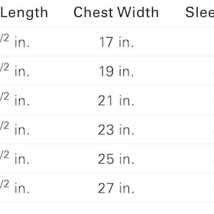 May include: Size chart showing body length, chest width, and sleeve length in inches for sizes XS to 2XL.