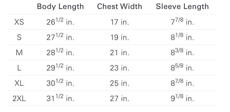 May include: Size chart showing body length, chest width, and sleeve length in inches for sizes XS to 2XL.