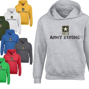 May include: A set of ten hooded sweatshirts in various colors, each featuring a distressed graphic of the U.S. Army logo and the text "ARMY STRONG".