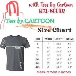 May include: Size chart for t-shirts with measurements in inches. The chart shows the width, length, and sleeve length for sizes S through 4XL.