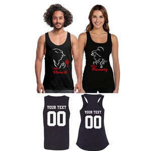 Su belleza su imagen de bestia a juego pareja TANK Top juntos desde back Side Date Números Bestia Belleza Pareja Camiseta Top para él y ella