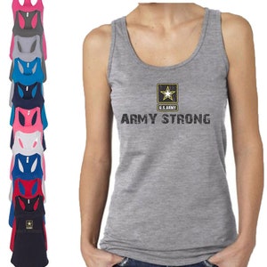 May include: A gray tank top with a distressed black graphic that says "Army Strong" and a yellow star with the text "U.S. Army" in black.