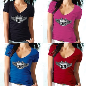 WINGS Route, 66 Silver Design, Lady V-NECK, Route Us 66 Women, Assorted Colors, Soft & Comfortable, Gift for Her, Get Your Kick On Route 66