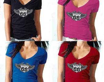 WINGS Route, 66 Silver Design, Lady V-NECK, Route Us 66 Women, Assorted Colors, Soft & Comfortable, Gift for Her, Get Your Kick On Route 66