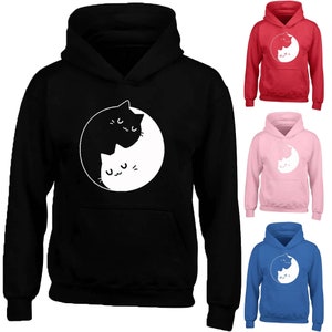 May include: Black, pink, red, and blue hoodies with a yin yang symbol featuring two cats. The cats are black and white and are facing each other.
