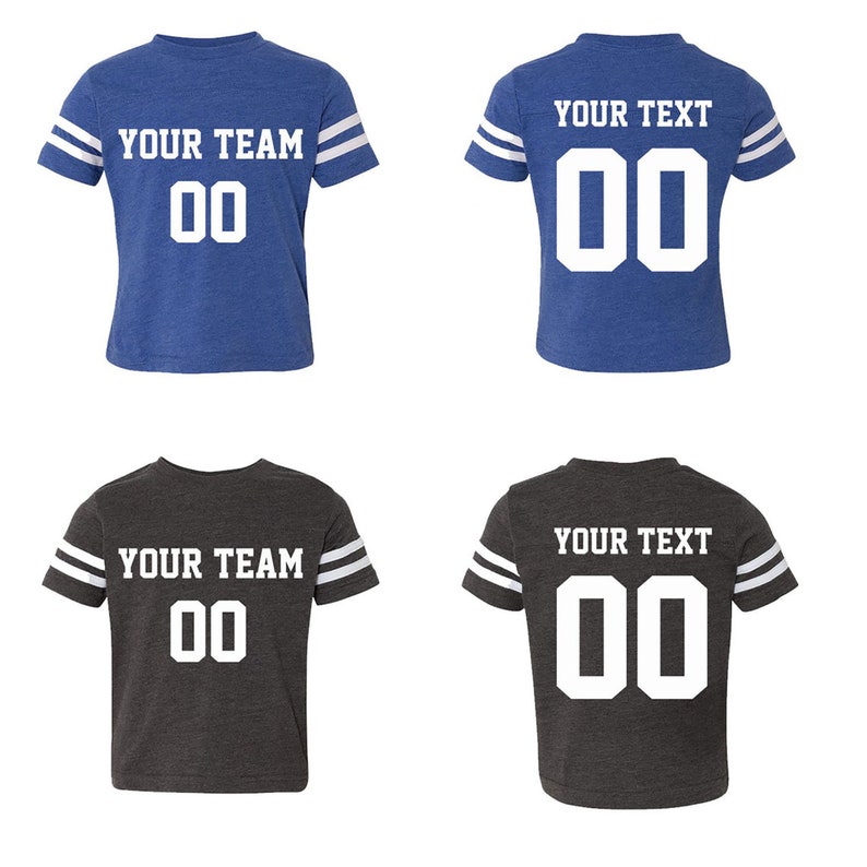 May include: Two youth-sized football jerseys, one blue and one gray, with white stripes on the sleeves. Both jerseys have the text "YOUR TEAM" and the number "00" printed on the front. The back of the jerseys have the text "YOUR TEXT" and the number "00" printed on the back.