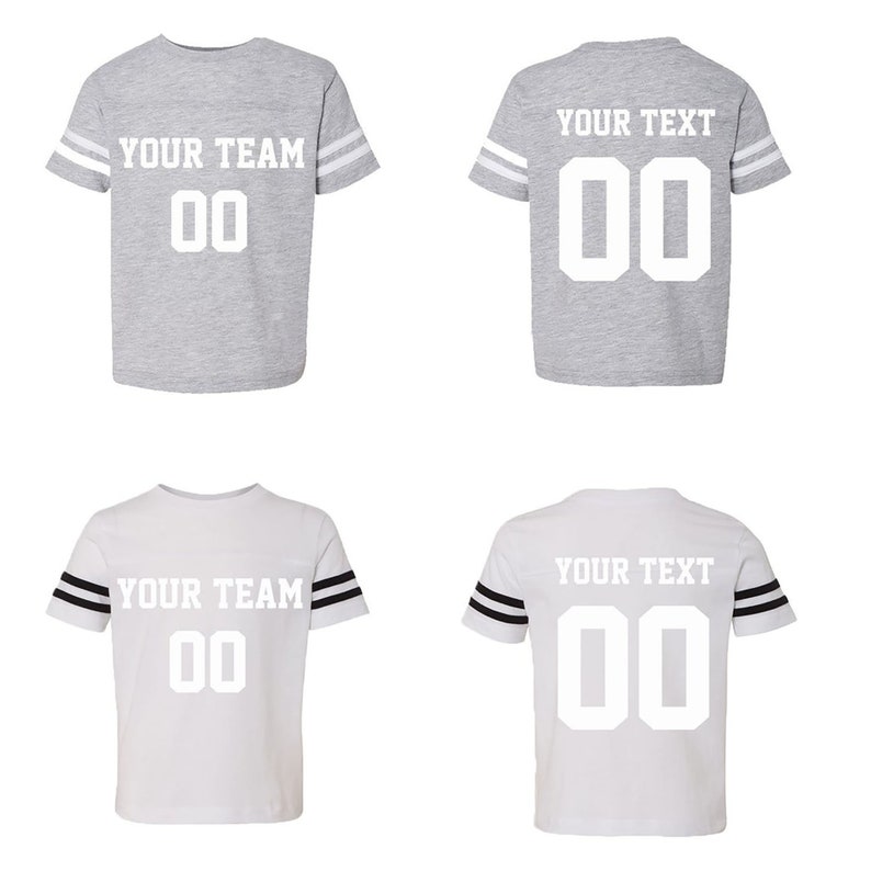 May include: Two gray and two white t-shirts with black and white striped sleeves. The shirts have a white number "00" and the text "YOUR TEAM" or "YOUR TEXT" printed on the front.