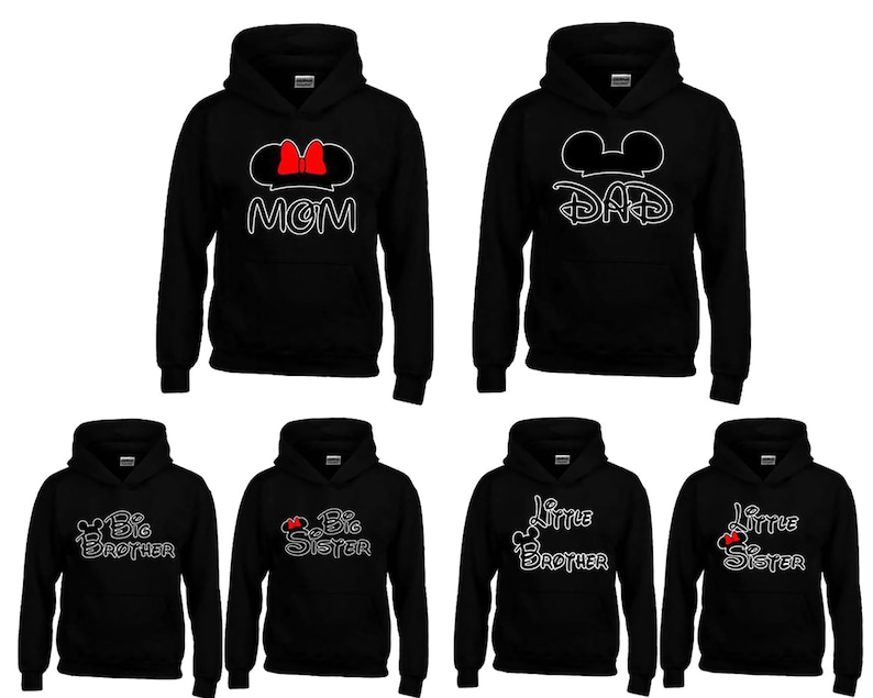 May include: Set of six black hooded sweatshirts with white and red Mickey Mouse inspired graphics. The sweatshirts feature the text "Mom", "Dad", "Big Brother", "Big Sister", "Little Brother", and "Little Sister".