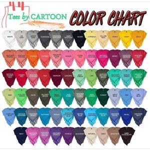 May include: Color chart showing a variety of t-shirt colors, including white, black, red, blue, green, and many more. The chart is labeled "Tees by CARTOON COLOR CHART".
