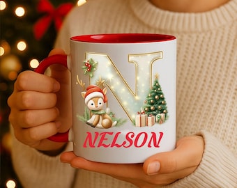 Custom Christmas Initial Mug with Name | Personalized Ceramic Holiday Mug | Big Letter Xmas Gift