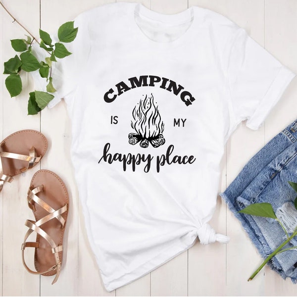 Camping Is My Happy Place T-Shirt - Customized Graphic Unisex Tee - Soulful Retreat - Wilderness Tees - Nature Bliss -Joyful Camping Moments