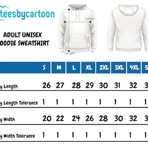 Puede incluir: Tabla de tallas para una sudadera con capucha unisex para adultos. La tabla muestra las medidas en pulgadas para la longitud y el ancho del cuerpo para las tallas S a 5XL.