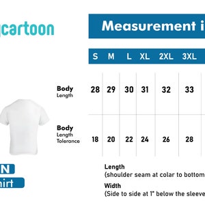 May include: A size chart for men's t-shirts with measurements in inches. The chart shows the body length and body length tolerance for sizes S through 5XL.