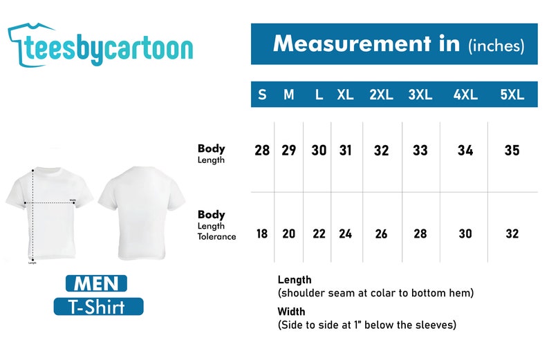 May include: A size chart for men's t-shirts with measurements in inches. The chart shows the body length and body length tolerance for sizes S through 5XL.