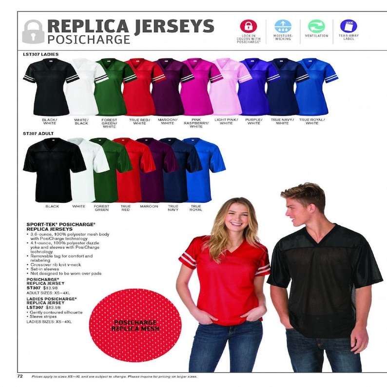 May include: Replica jerseys in various colors, including black, white, forest green, true red, maroon, true navy, and true royal. The jerseys are made of a lightweight, breathable mesh fabric and feature a v-neck design. The text "PosiCharge" is visible on the image.