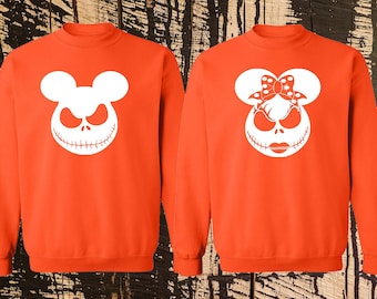 Jack Sally, Orejas de ratón, Divertido Halloween Pareja Crewneck, Fresco Suéter de Halloween, Lado trasero personalizado para los hombres las mujeres, Suave y cómodo
