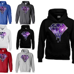 May include: A set of hoodies with a galaxy diamond design. The hoodies are available in six colors: royal blue, heather gray, white, red, black, and light gray.