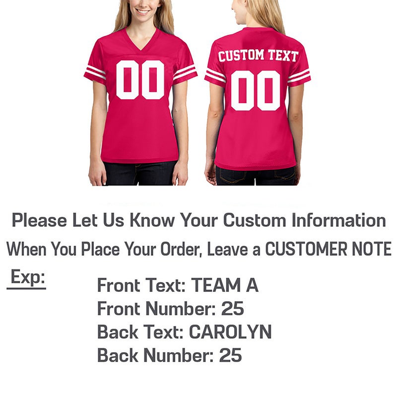 May include: A pink football jersey with white stripes on the sleeves and a white number "00" on the front. The back of the jersey has the text "CUSTOM TEXT" and the number "00" in white.