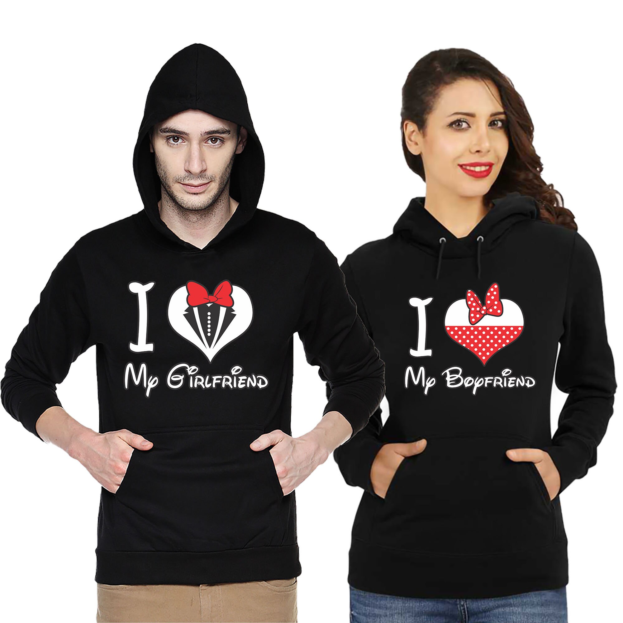 Unisex Couple Matching Hoodies I Love My Girlfriend Boyfriend Heart Hoodie Sweatshirt Cartoon Style Heart Design Hoodies