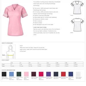 May include: Pink and white Sport-Tek Ladies PosiCharge Replica Jersey. The jersey features a v-neck, set-in sleeves, and a crossover rib knit v-neck. The size chart shows sizes XS to 4XL with corresponding bust measurements in inches.