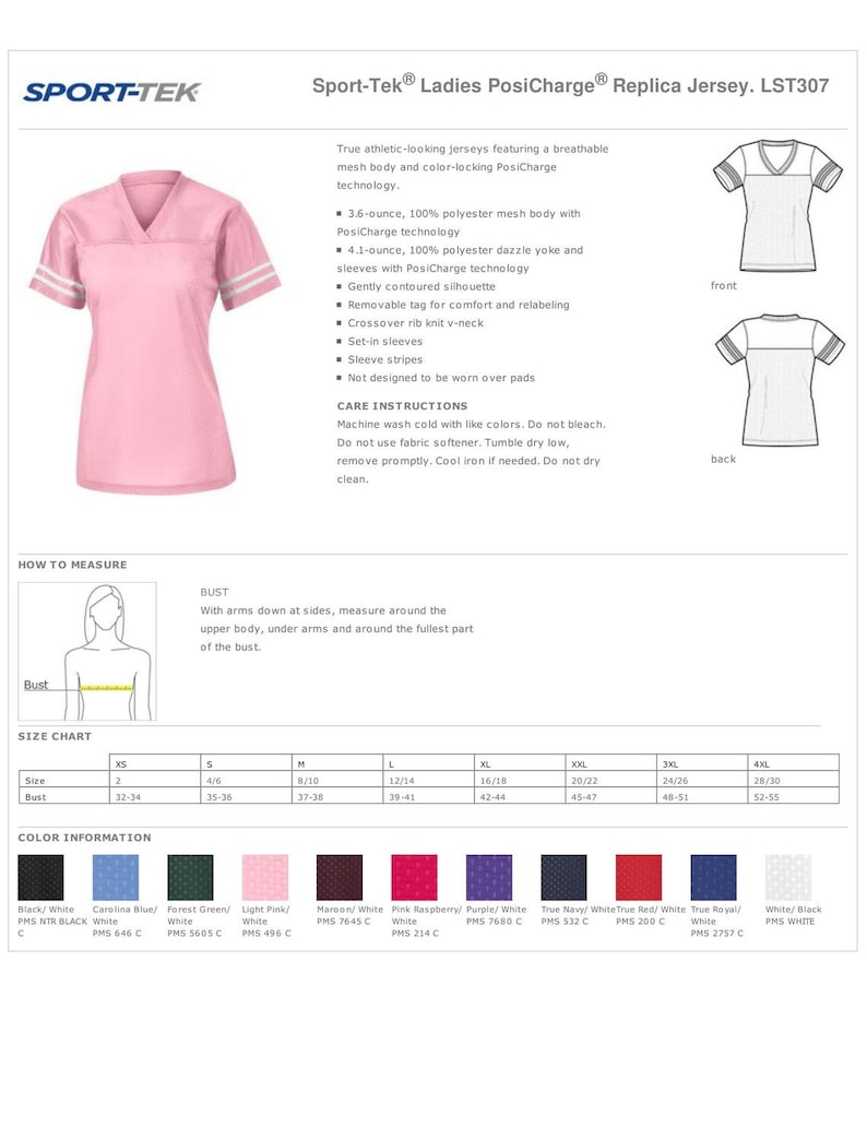 May include: Pink and white Sport-Tek Ladies PosiCharge Replica Jersey. The jersey features a v-neck, set-in sleeves, and a crossover rib knit v-neck. The size chart shows sizes XS to 4XL with corresponding bust measurements in inches.