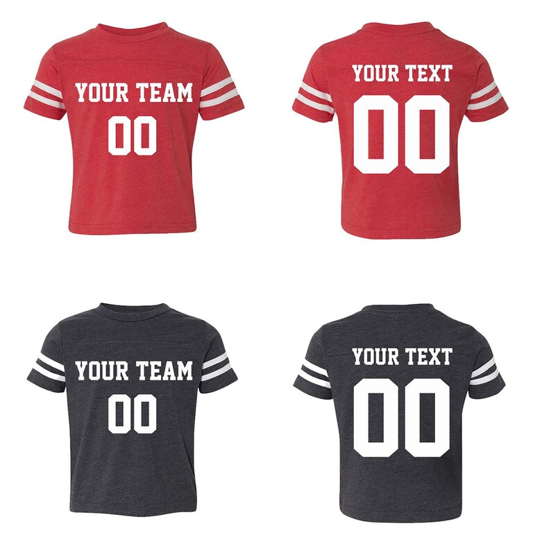 May include: Two red and two gray youth football jerseys with white stripes on the sleeves. The jerseys have a white number "00" and the text "YOUR TEAM" or "YOUR TEXT" on the front.