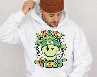 Retro Smiley St Patrick's Day Shirt, Lucky Vibes Shamrock Graphic Tee