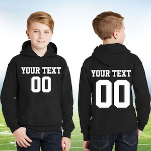 Personalized Youth Long Sleeve Hoodie Sweatshirt, Front Back Custom Name & Number Sport Style Hoodie For Youth, Multi-color Sweatshirt
